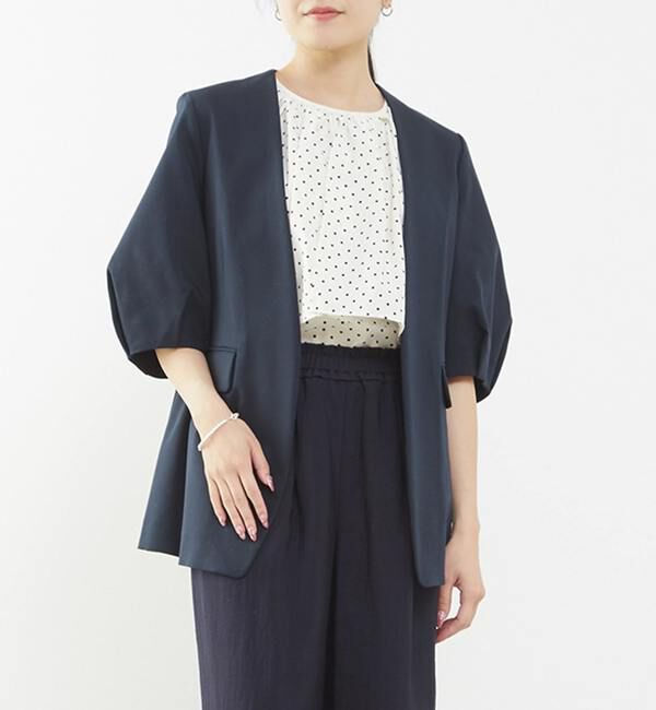 TIARA「パフスリーブジャケット」|ノーカラージャケット|ネイビー