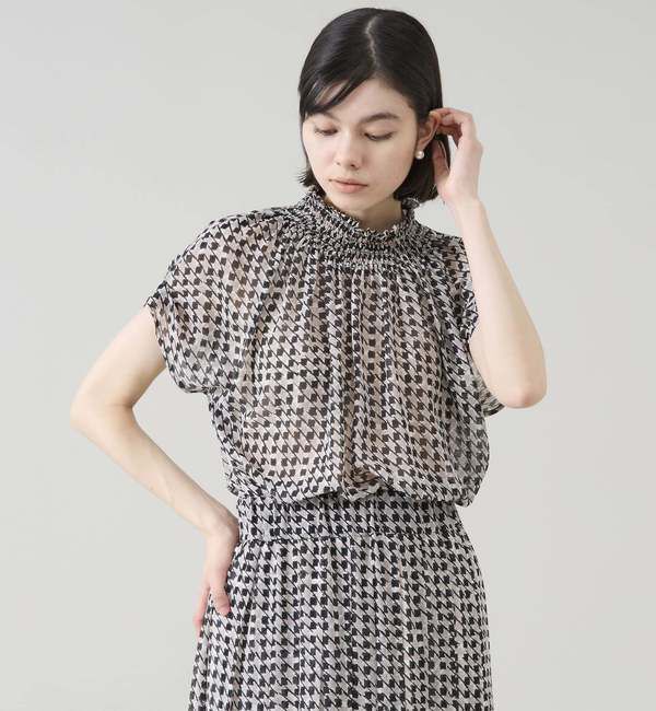 TIARA「サマークラシック千鳥プリントシャーリングブラウス（セットアップ可）」|シャツ・ブラウス|