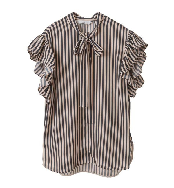 TIARA「ストライププリントフリルスリーブボウタイブラウス」|シャツ・ブラウス|ベージュ