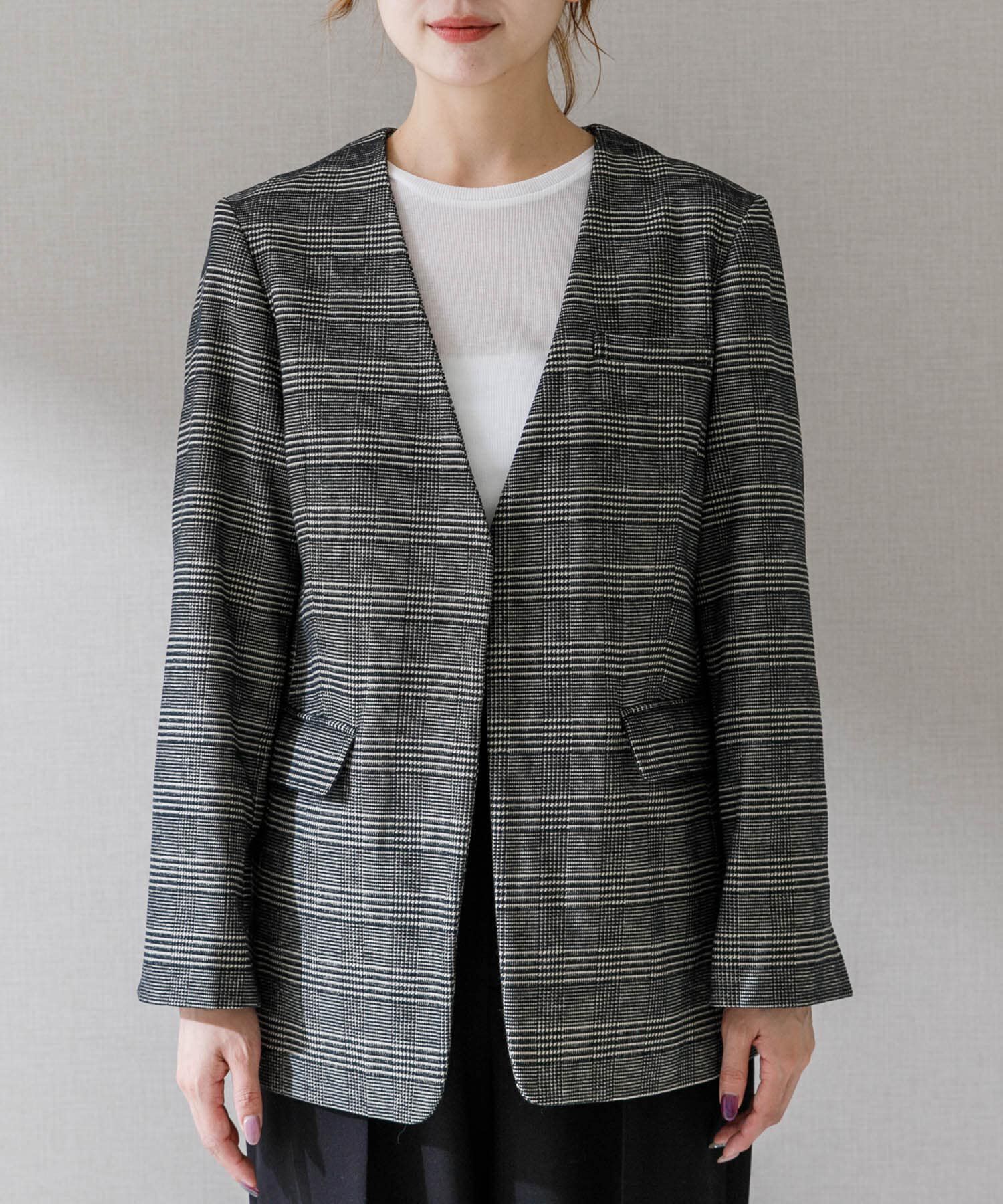 URBAN RESEARCH ROSSO「モールチェックノーカラーオーバージャケット」|ノーカラージャケット|