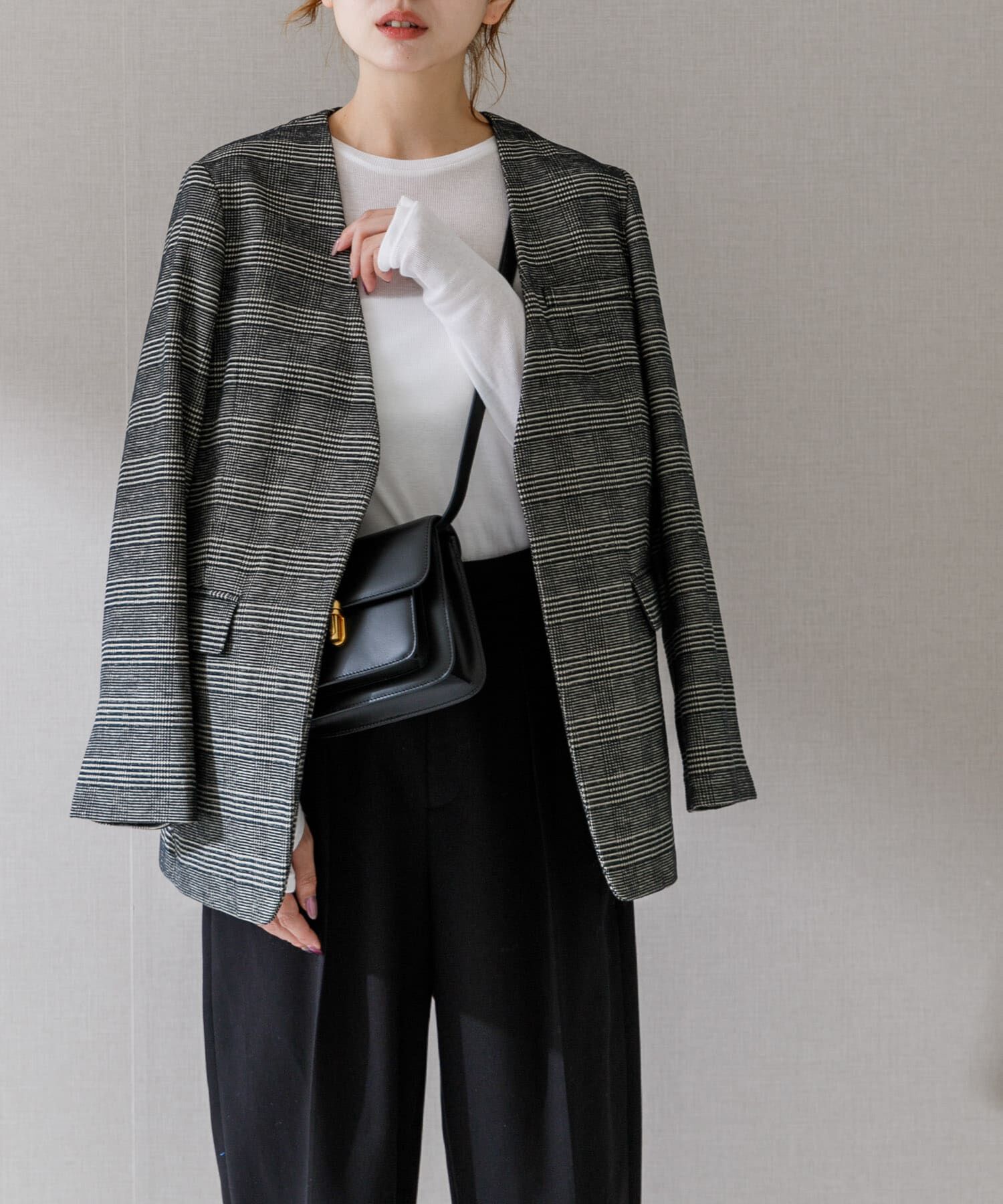 URBAN RESEARCH ROSSO「モールチェックノーカラーオーバージャケット」|ノーカラージャケット|