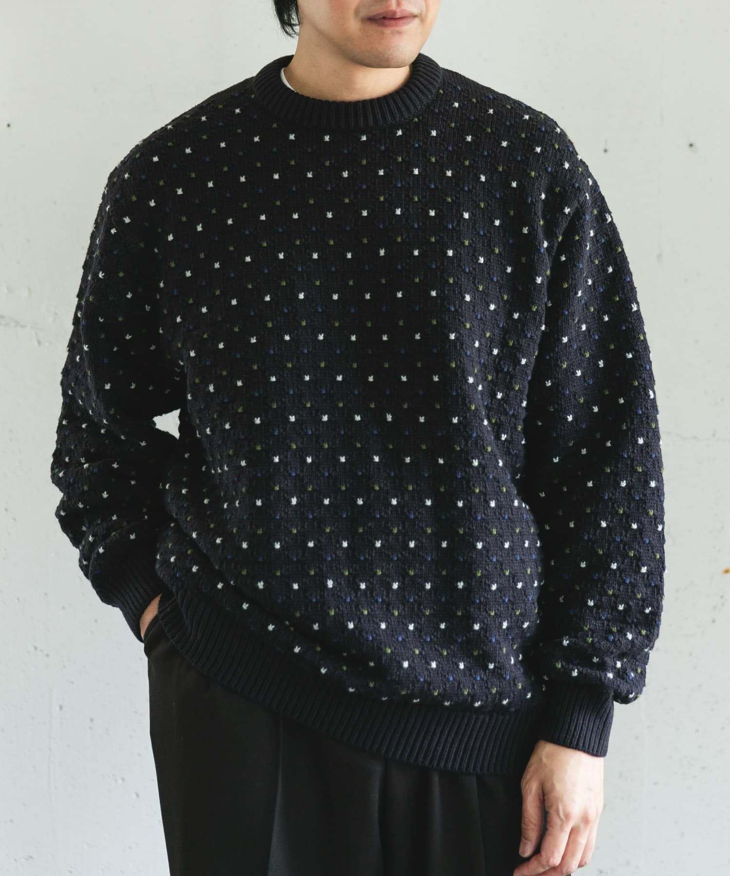 URBAN RESEARCH DOORS「変形バーズアイ クルーネックニット」|ニット・セーター|ブルー系その他