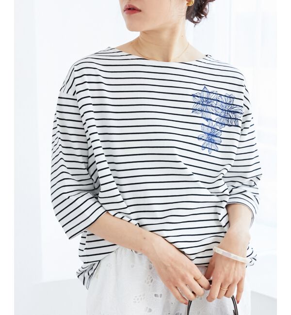 le.coeur blanc「ボーダーモチーフ刺繍カットソー」|Tシャツ・カットソー|