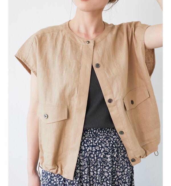  「《手洗い可能》コットン麻ノーカラーシャツジャケット」|ダウン|