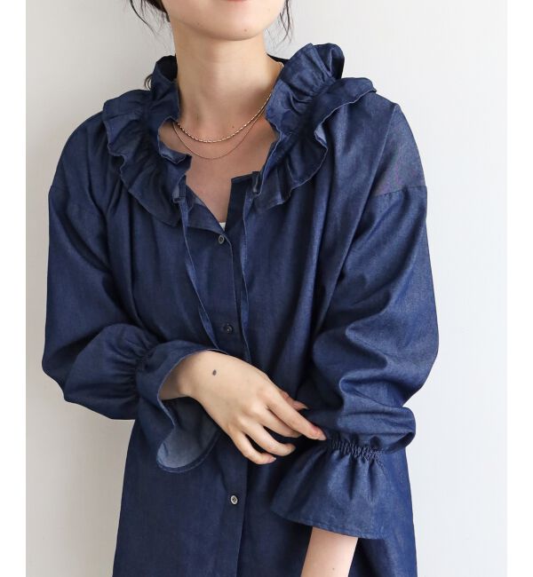  「フリルネックデニムブラウス」|シャツ・ブラウス|