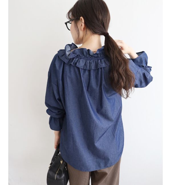  「フリルネックデニムブラウス」|シャツ・ブラウス|