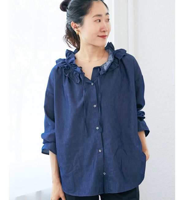  「フリルネックデニムブラウス」|シャツ・ブラウス|