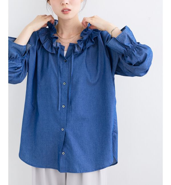  「フリルネックデニムブラウス」|シャツ・ブラウス|