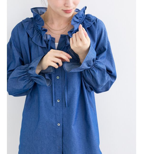  「フリルネックデニムブラウス」|シャツ・ブラウス|