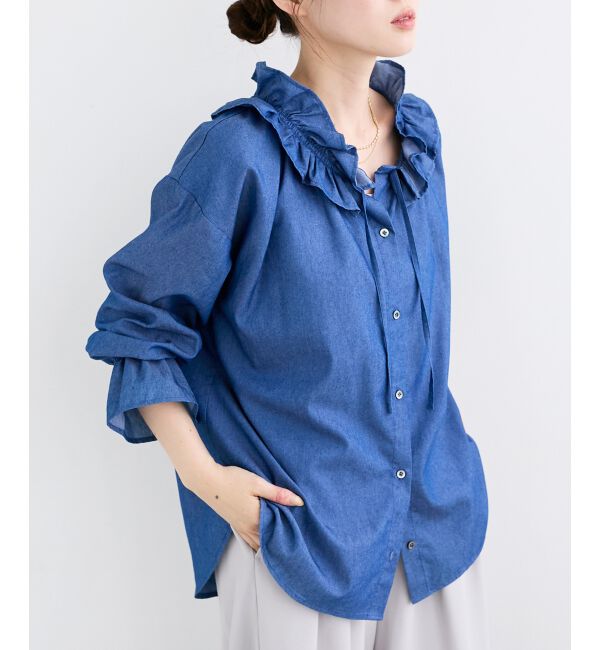  「フリルネックデニムブラウス」|シャツ・ブラウス|