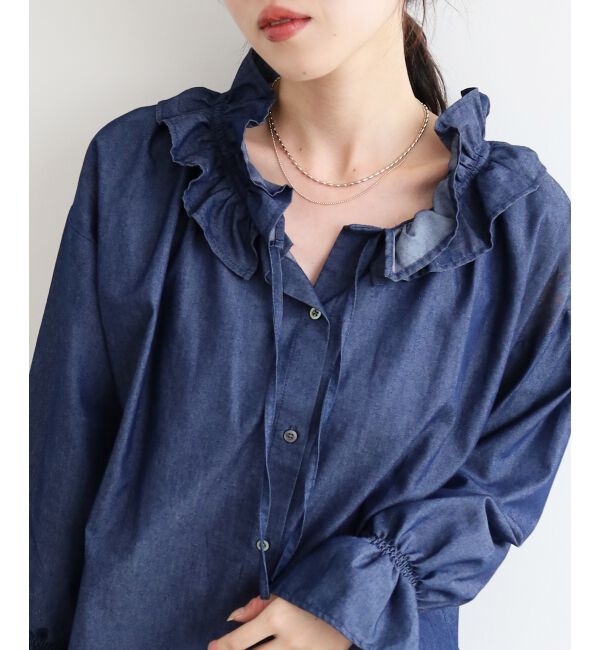  「フリルネックデニムブラウス」|シャツ・ブラウス|ネイビー