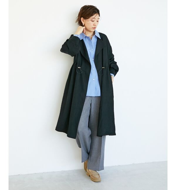 「ドロストノーカラーロングコート」|ノーカラーコート|ブラック