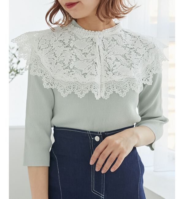 MAJESTICLEGON「レースカラーハーフスリーブニット」|ニット・セーター|