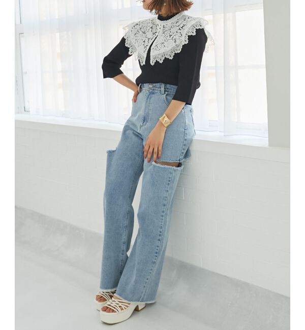 MAJESTICLEGON「レースカラーハーフスリーブニット」|ニット・セーター|