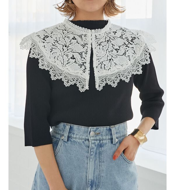 MAJESTICLEGON「レースカラーハーフスリーブニット」|ニット・セーター|