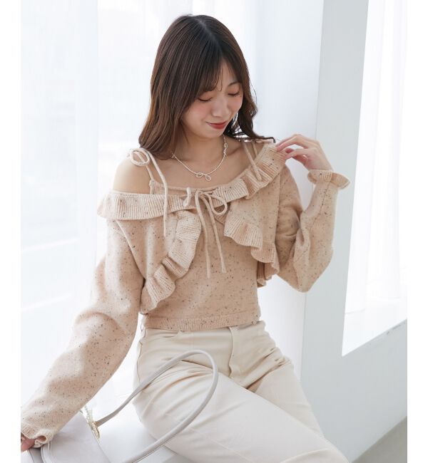 MAJESTICLEGON「ネップキャミセットフリルカーディガン」|カーディガン|ピンクベージュ