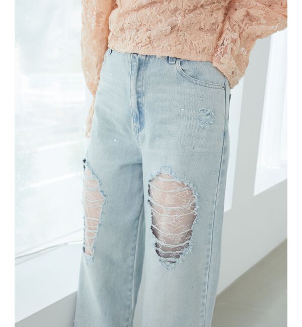  「キラキラレースダメージデニム」|デニム|サックス