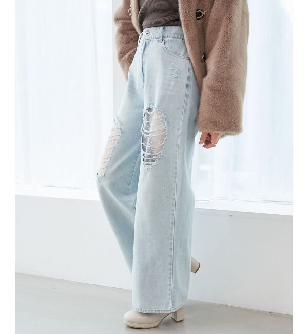  「キラキラレースダメージデニム」|デニム|