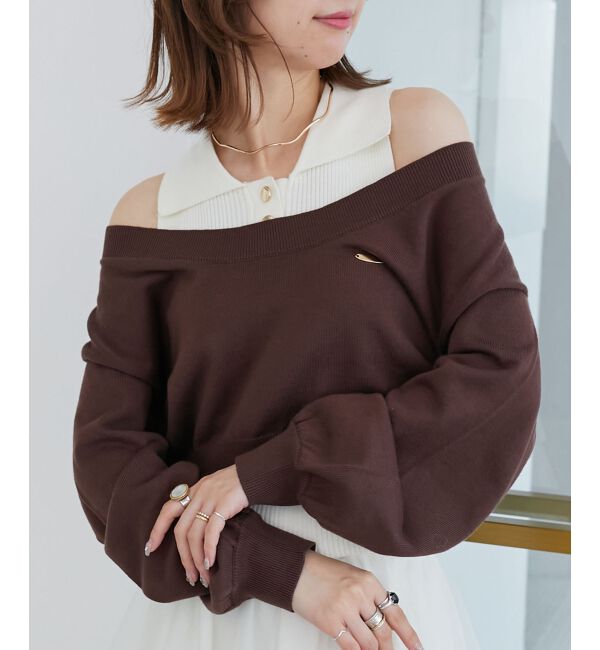  「襟付ノースリニットセットオフショルニット」|ニット・セーター|ブラウン