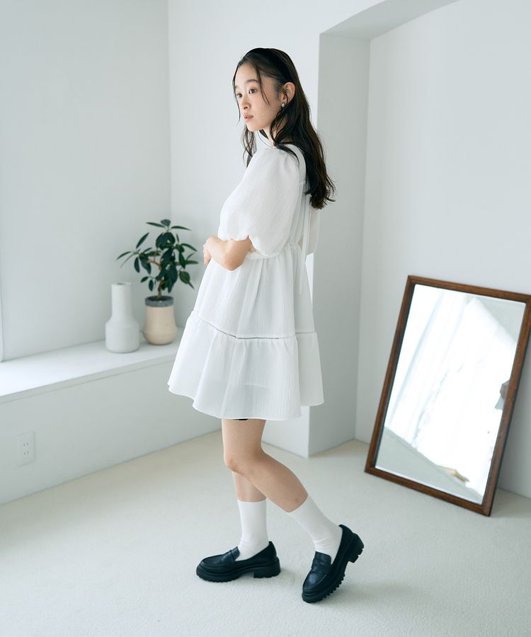 earth music&ecology「バックリボンパフスリーブミニワンピース」|ワンピース|