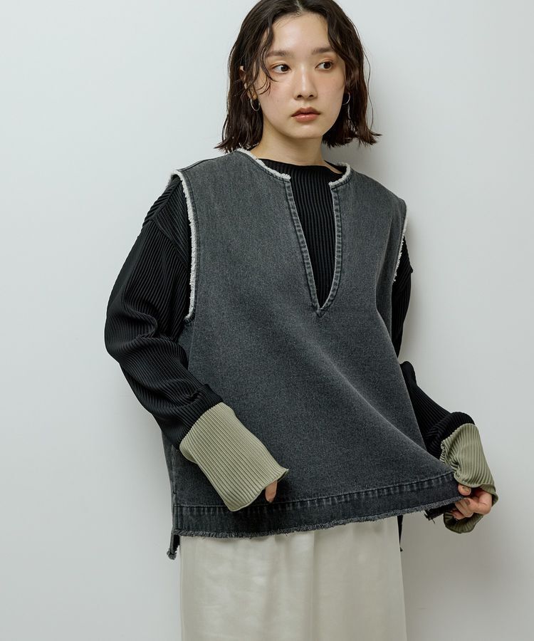 Green Parks「フリンジ付きデニムベスト」|ベスト・ジレ|Black