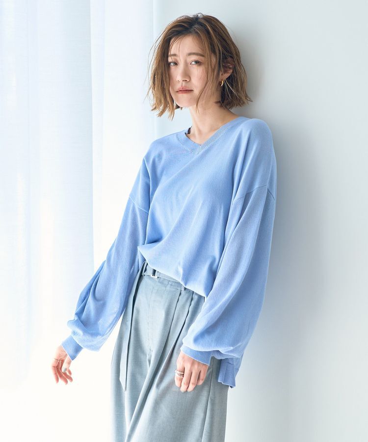 Editt by YECCA VECCA「Vネック袖シアーニット」|ニット・セーター|Blue