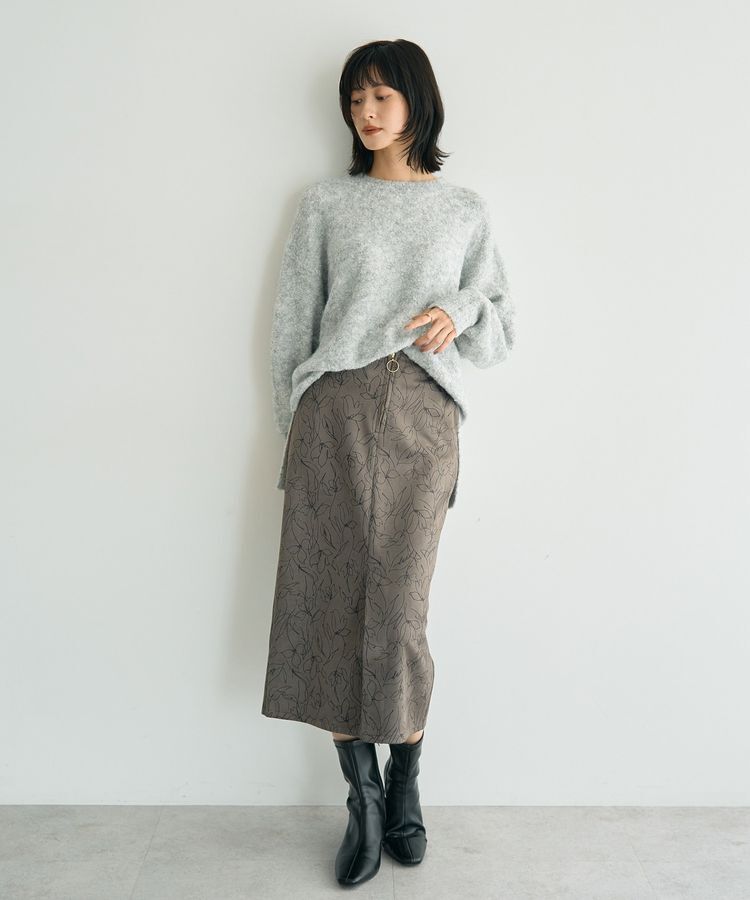 YECCA VECCA「ラインフラワー柄フェイクスエードスカート」|タイト|