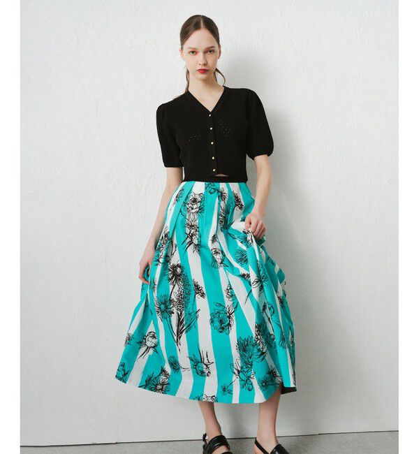 LOULOU WILLOUGHBY「【LOULOU WILLOUGHBY】NEONストライプフラワースカート」|フレア|グリーン系