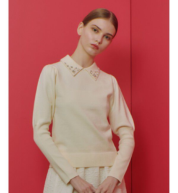 LOULOU WILLOUGHBY「【LOULOU WILLOUGHBY】衿ビジューパフスリーブプルオーバー」|ニット・セーター|