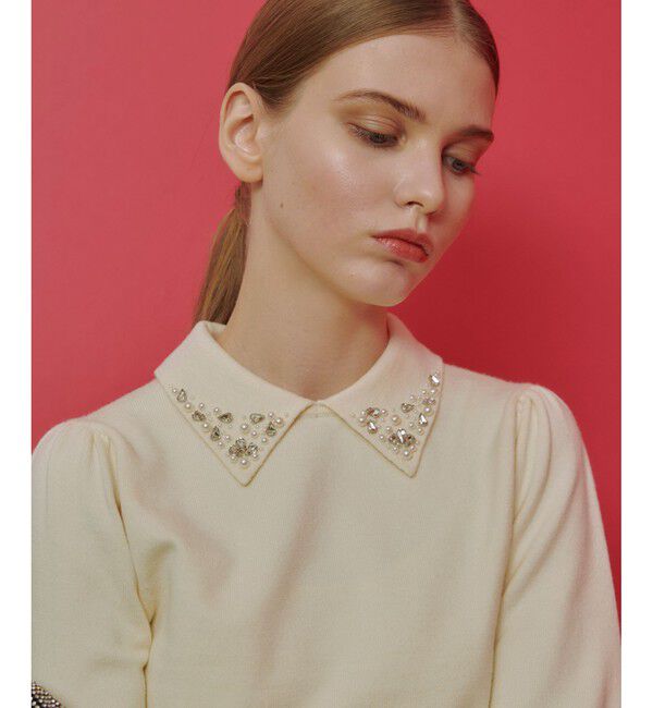 LOULOU WILLOUGHBY「【LOULOU WILLOUGHBY】衿ビジューパフスリーブプルオーバー」|ニット・セーター|