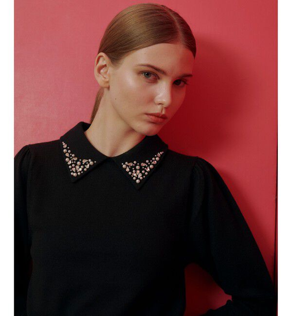 LOULOU WILLOUGHBY「【LOULOU WILLOUGHBY】衿ビジューパフスリーブプルオーバー」|ニット・セーター|ブラック