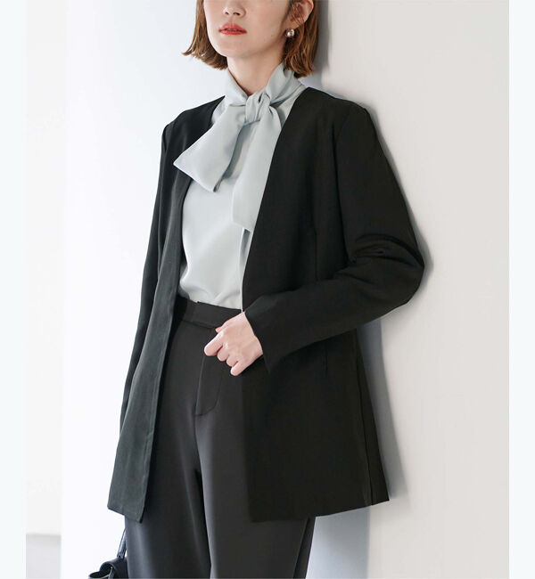 ur's「ベーシックノーカラーVネックジャケット」|ノーカラージャケット|ブラック