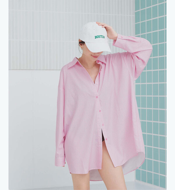 SEA DRESS「ビッグシルエットシャツ/ラッシュガード」|ビキニトップス|ストライプ/ピンク