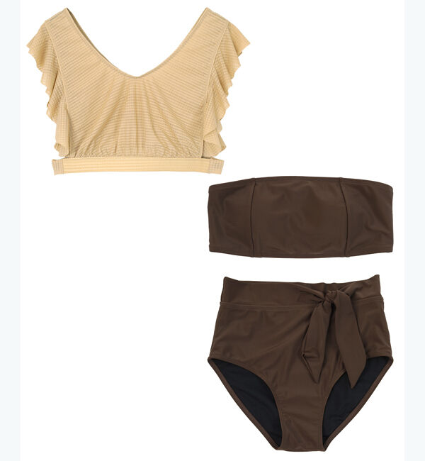 SEA DRESS「チェックシアートップス&times;ハイウエストショーツ/セット水着」|ビキニ|イエロー/ブラウン