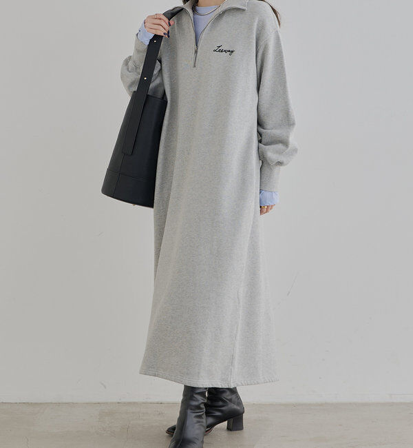  「ハーフジップスウェットワンピース」|ワンピース|グレー