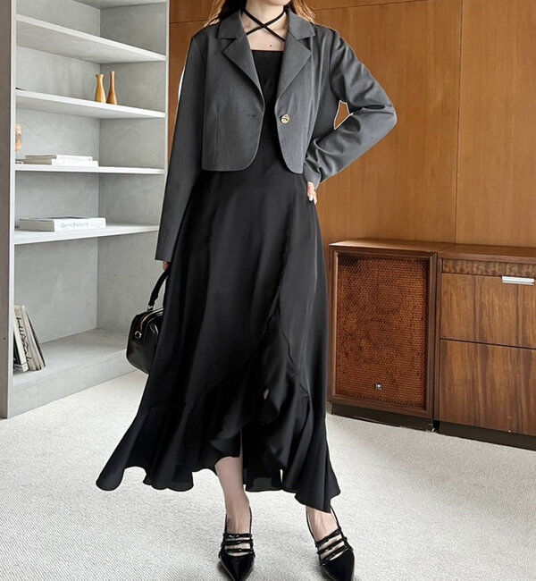  「ブローチ付きショートテーラードジャケット」|ノーカラーコート|