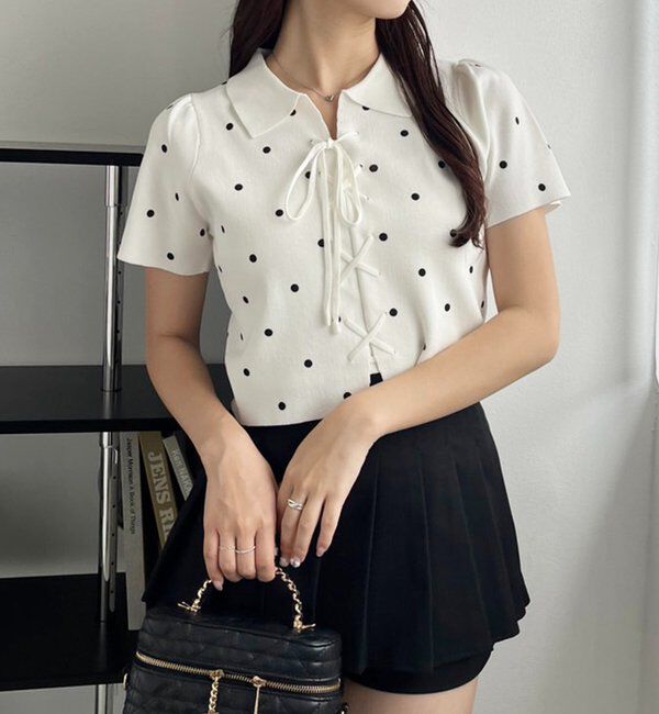  「レースアップポロドットニット」|ニット・セーター|