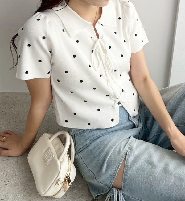  「レースアップポロドットニット」|ニット・セーター|