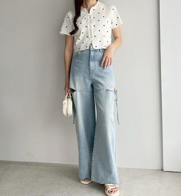  「レースアップポロドットニット」|ニット・セーター|