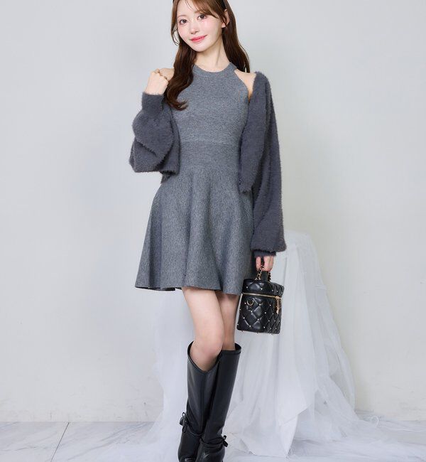  「2wayファザーカーデSET後ろリボンニットミニワンピ」|ワンピース|