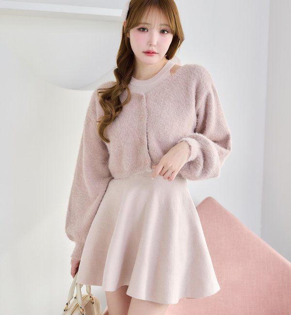  「2wayファザーカーデSET後ろリボンニットミニワンピ」|ワンピース|