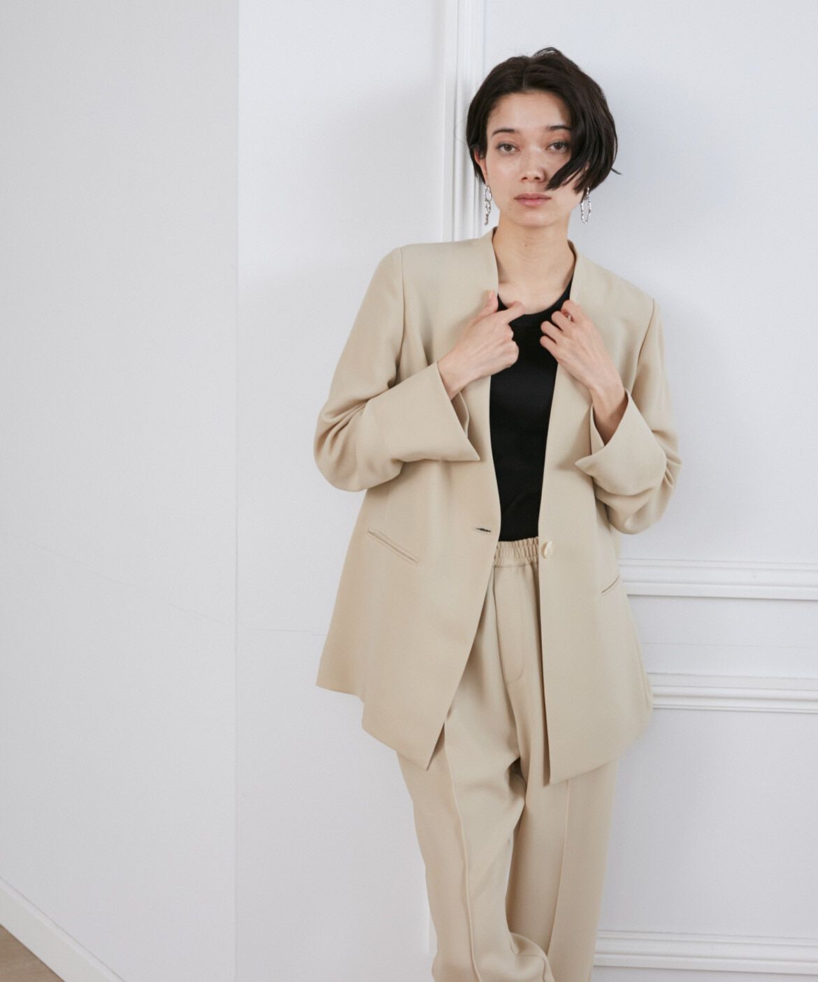 INED「《大きいサイズ》ダブルジョーゼットノーカラージャケット」|ノーカラージャケット|