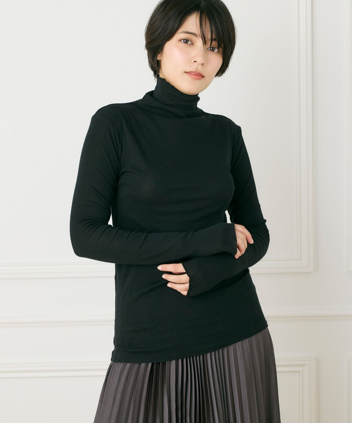 INED「ハイネックロングスリーブトップス」|Tシャツ・カットソー|ブラック