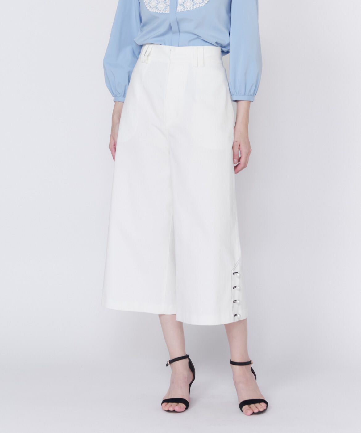 Maglie le cassetto「パールボタンデニムガウチョ」|デニム|ホワイト