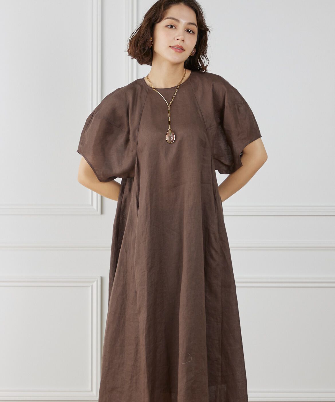 INED「《WEB限定》ボリュームスリーブリネンワンピース」|ワンピース|ブラウン