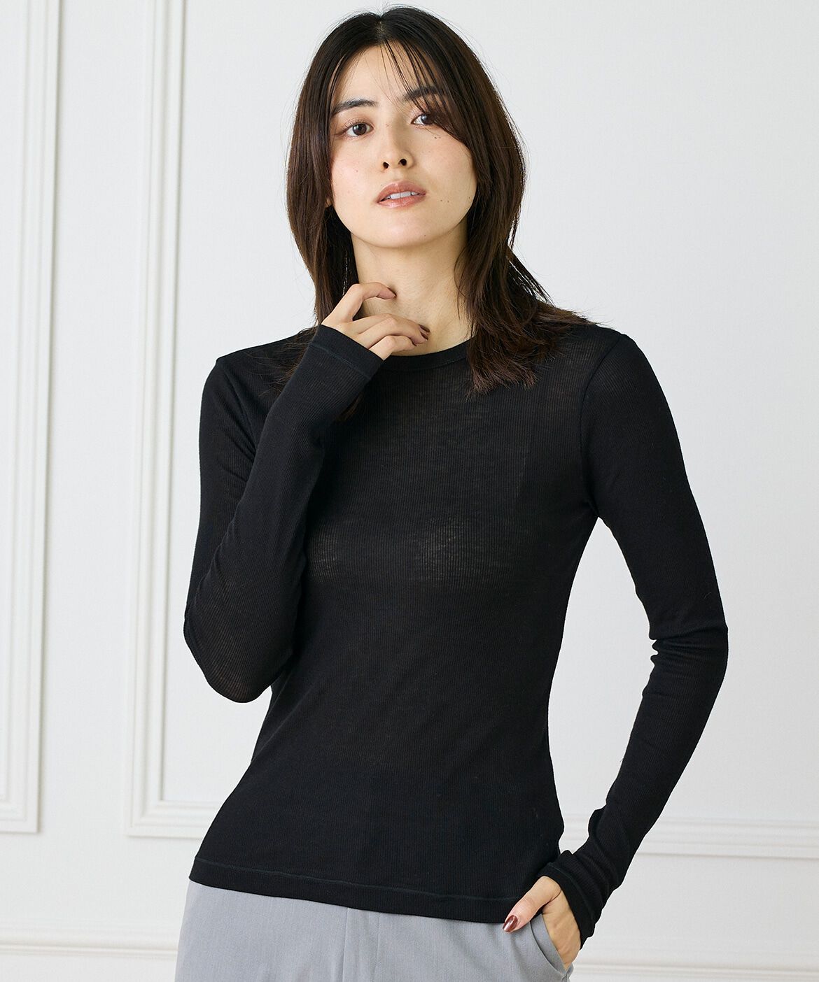 INED「《大きいサイズ》クルーネックテレコカットソー」|Tシャツ・カットソー|ブラック