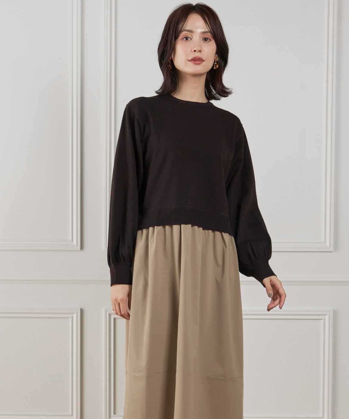 Le Souk「《大きいサイズ》異素材コンビネーションワンピース」|ワンピース|キャメル1