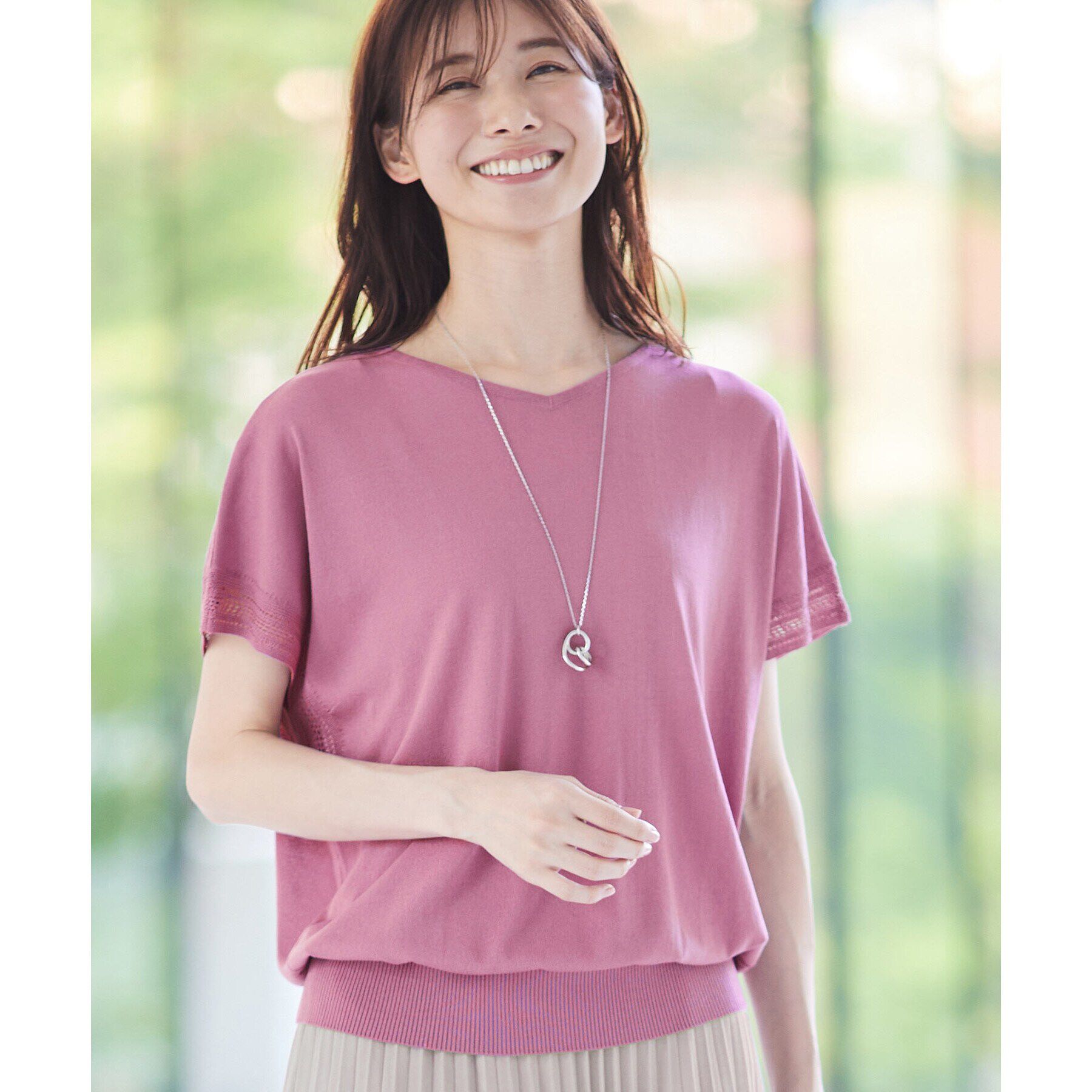 Reflect「【SALE／WEB限定カラーあり／二の腕カバー◎】透かし柄スリーブニット」|ニット・セーター|ピンク(072)