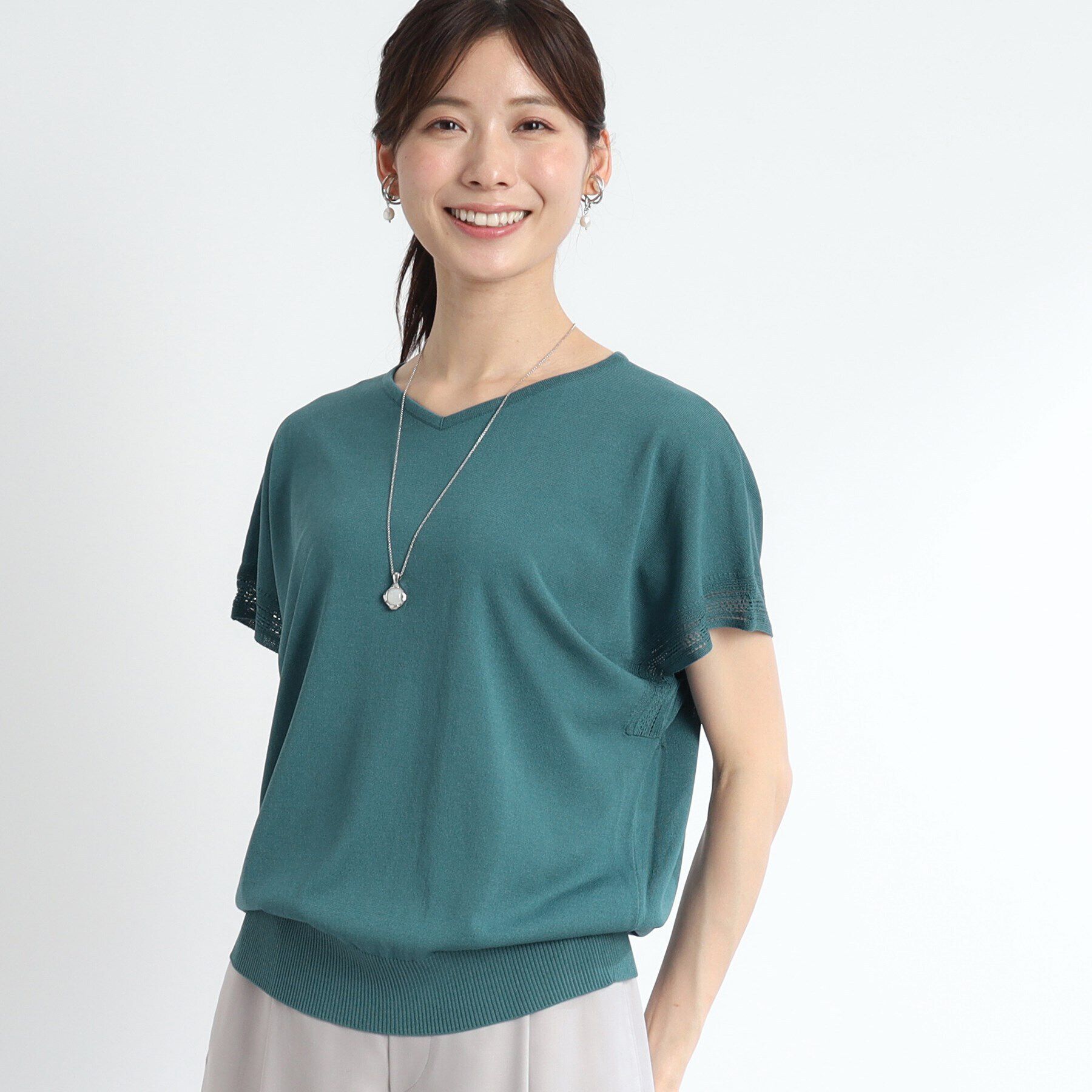 Reflect「【SALE／WEB限定カラーあり／二の腕カバー◎】透かし柄スリーブニット」|ニット・セーター|ブルーグリーン(09