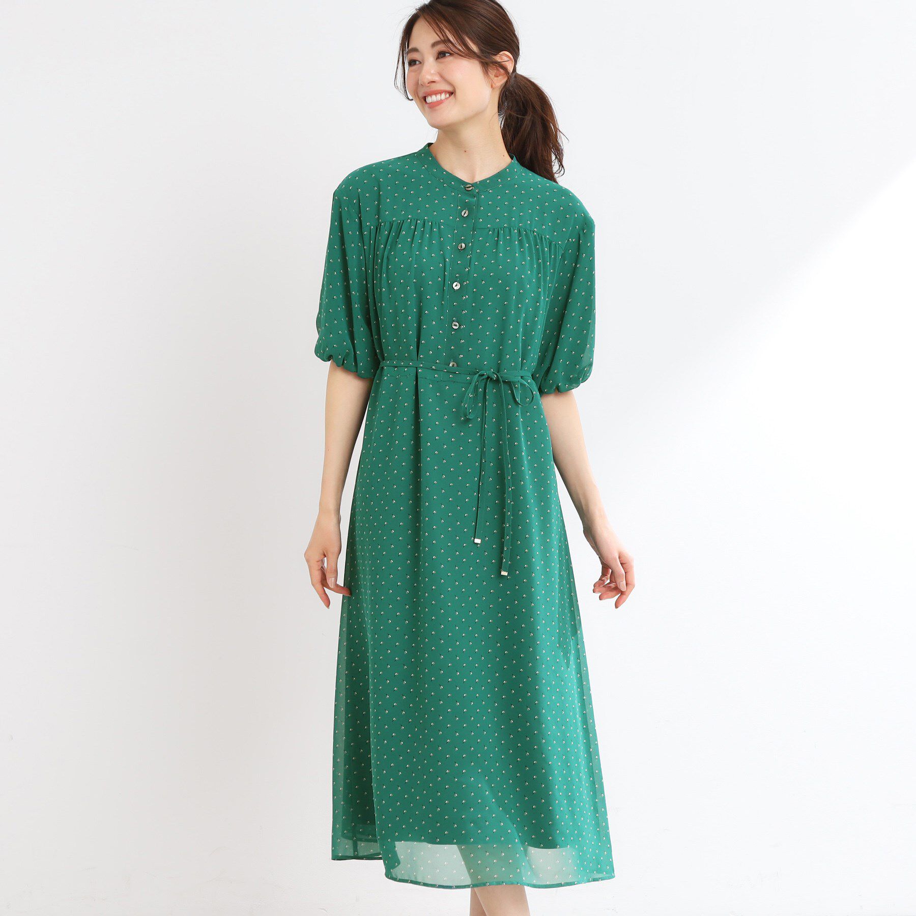 Reflect「【夏SALE／WEB先行カラーあり／リボン取り外し可／マシンウォッシュ可】コツキ柄プリントワンピース」|ワンピース|グリーン(122)